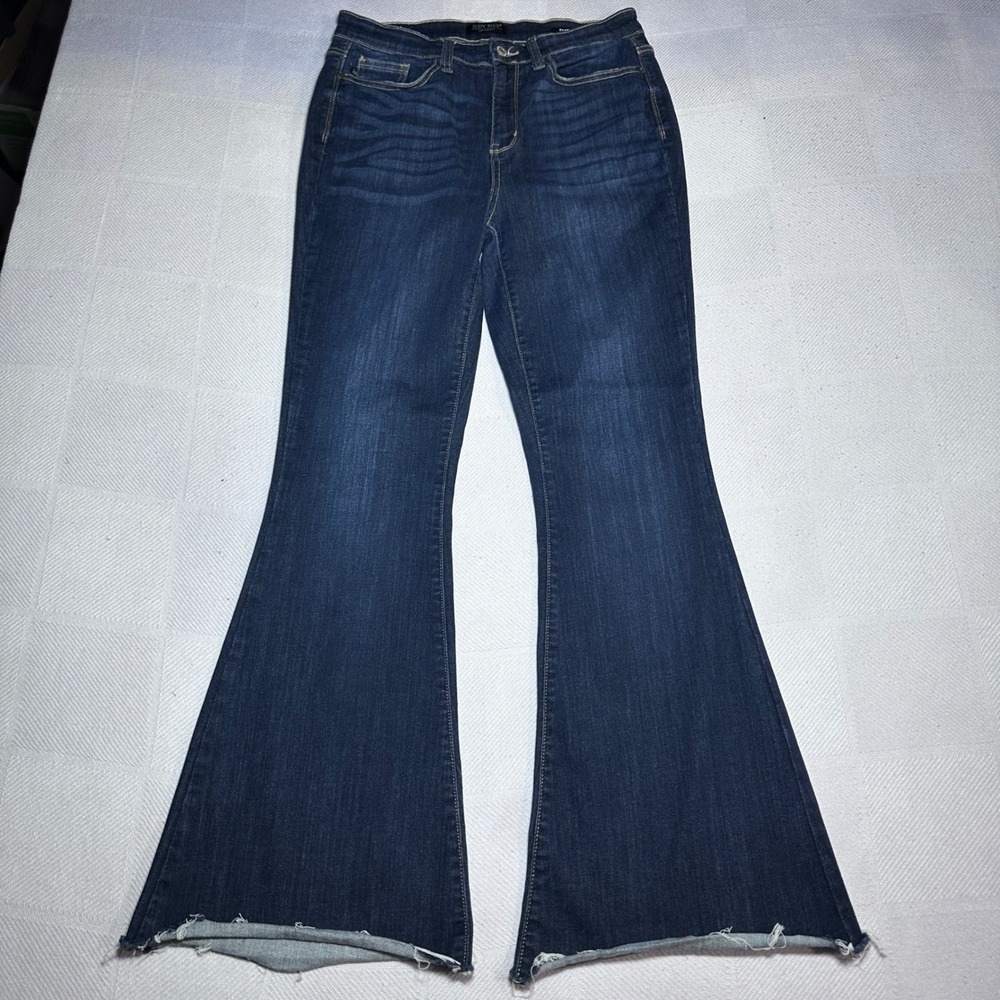 Judy Blue Flare Jeans Women 11/30 High Rise Stretch Denim Raw Hem Dark Wash Blue